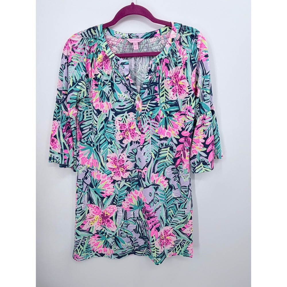 Lilly Pulitzer Tunic Dress Womens XS Tropical Floral Pima Cotton Bell Sleeve‎